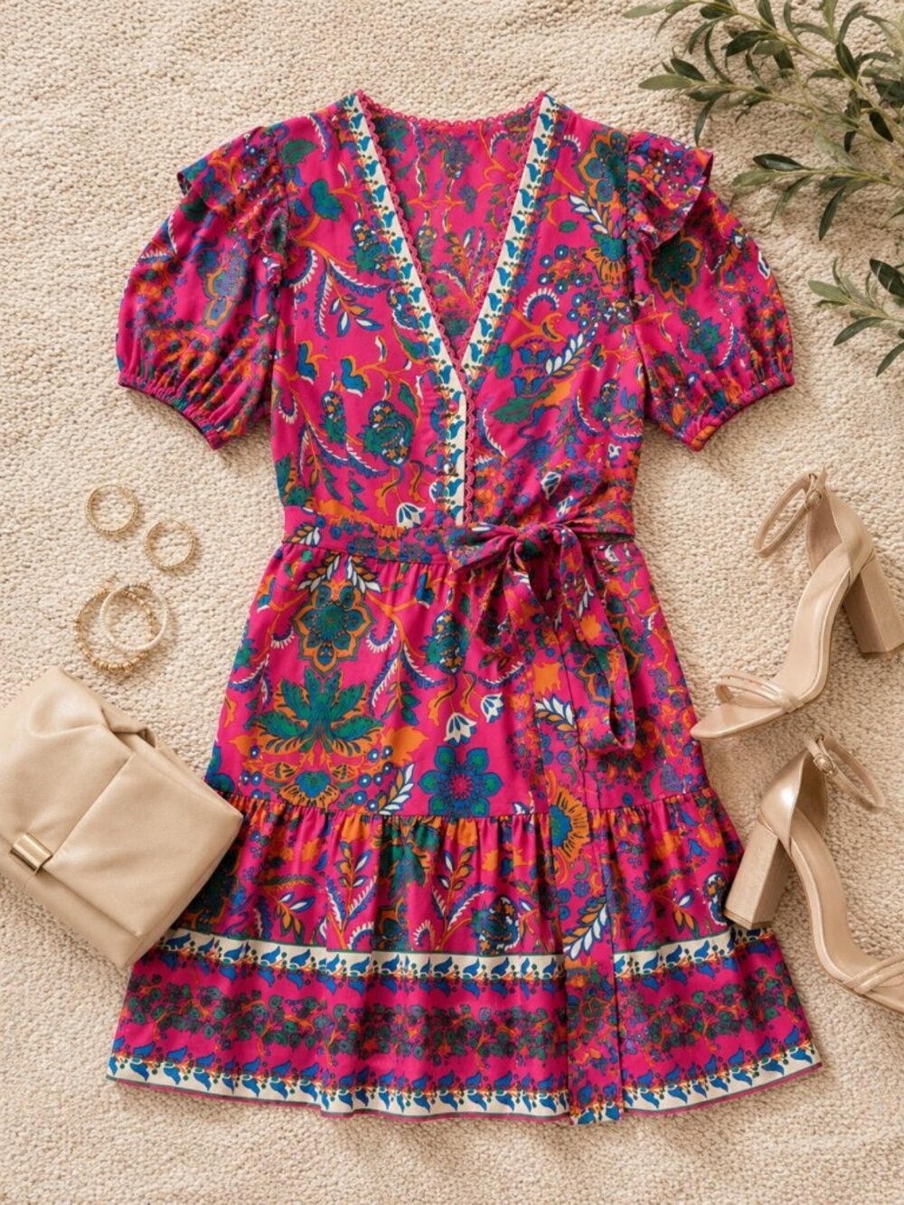 Adrianna Papell Pink Floral Print Puff-Sleeve Midi Dress Size 8 NWT